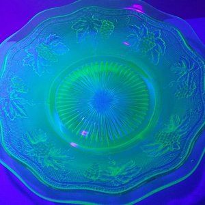 uranium green depression glass bowl grape motif glowy glass